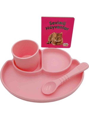 CKM Silikon Bebek Mama Seti Tabak Kaşık Bardak Türkçe Ingilizce Hayvanlar Kitap