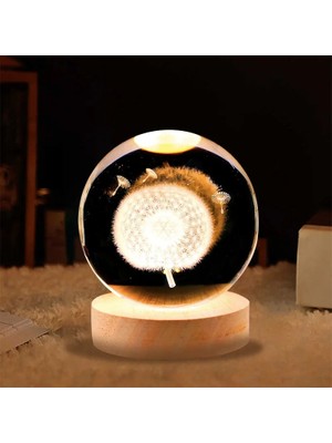 Dekoratif Karahindiba Tasarımlı Ahşap Altlıklı Işıklı Cam Küre Büyük Boy Cam 8 cm MZ4-2301