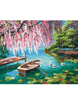 Kanvas Pembe Söğüt ve Göl Sayılarla Boyama Seti Rulo