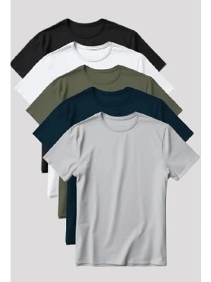 Rahat kalıp unisex Beyaz-Lacivert-Siyah-Haki-Gri - Slim Fit Bisiklet Yaka 5'li Tişört Paketi