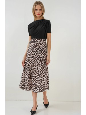 Kadın Vizon Leopar Desenli Saten Yüzeyli Beli Lastikli Midi Boy Etek HZL23S-BD1101471
