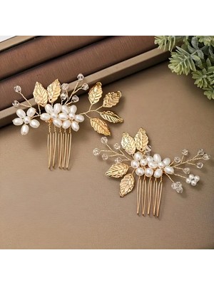 Incili Gold Yapraklı Tarak Toka  Gelin Nişan Lohusa Saç Aksesuarı 2 Adet, Topuz Tokası