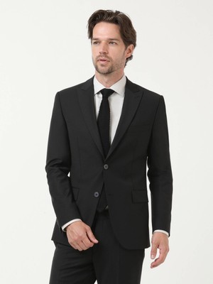 Siyah Düz Modern Fit Yün Karışımlı Takım Elbise