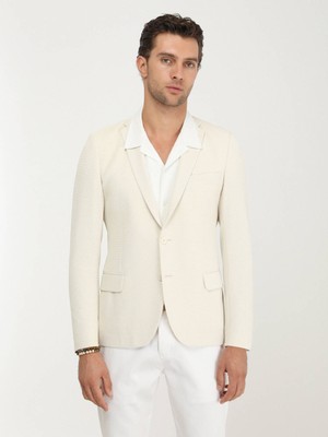 Ekru Düz Slim Fit Örme Ceket