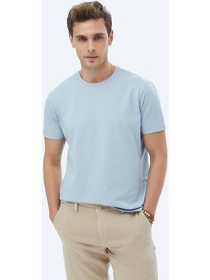 Mavi Düz Bisiklet Yaka Pamuk Karışımlı T-Shirt