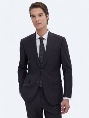 Lacivert Desenli Modern Fit Yün Karışımlı Takım Elbise