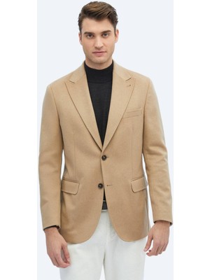 Bej Düz Modern Fit Yün Karışımlı Ceket