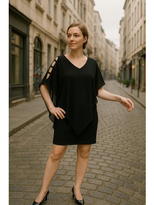 Amara Boutique Kadın V Yaka Kolu Bağcık Detaylı Şifonlu Fırsat Ürün Diz Üstü Elbise