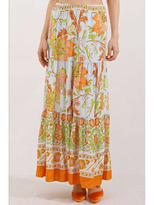Amara Boutique 1898 Desenli Uzun Etek - Turuncu