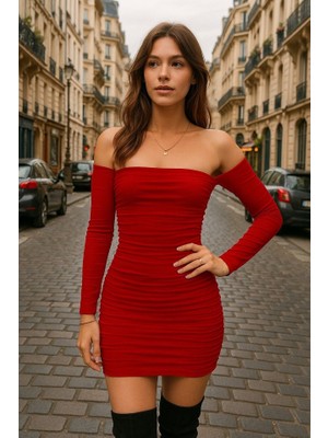 Amara Boutique Kadın Uzun Kollu Omuzlardan Açık Takma Kollu Büzgülü Sandy Kısa Elbise