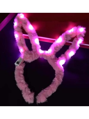 LED Işıklı Peluş Pofuduk Tavşan Kulak Tavşan  Pembe 17 x 23  cm