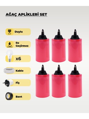 Hazır Şeker Pembe Silindir Ağaç Feneri - 6 Adet (Sarı Işık Ampul, Kablo, Fiş ve Bant Dahil)