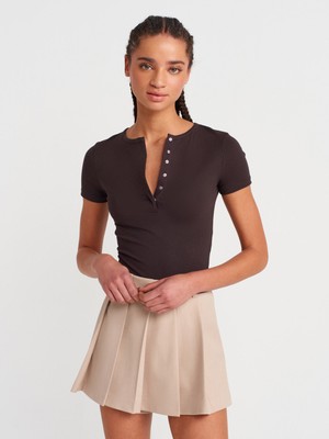 31704 Çıtçıt Düğmeli Kısa Kollu Top-Koyu Kahve