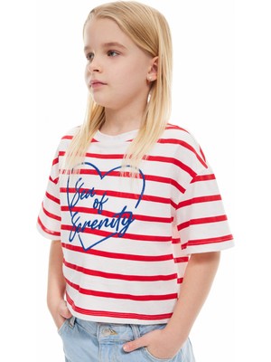 Koton Pamuklu Nakış Detaylı Kısa Kollu Bisiklet Yaka Çizgili Tişört