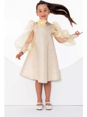 Kız Çocuk Çiçekli Boyunluk Hediyeli Şeffaf Karpuz Kollu Üzeri Simli Gold Elbise