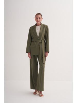 Zesyna Haki Oversize Cepli Kemerli Astarlı Blazer Ceket
