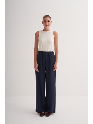 Zesyna Lacivert Beli Lastikli Yüksek Bel Rahat Kalıp Pantolon