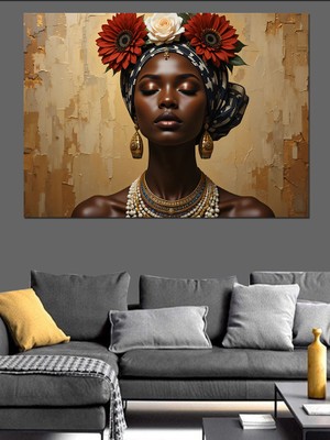 Çiçekli Afrikalı  Portresi Dekoratif Kanvas - Mdf Ahşap Tablo