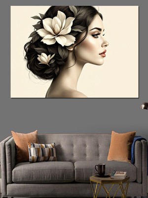 Çiçekli Siyah Beyaz Portre Dekoratif Kanvas - Mdf Ahşap Tablo
