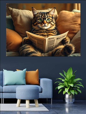 Gazete Okuyan Kedi Dekoratif Kanvas - Mdf Ahşap Tablo