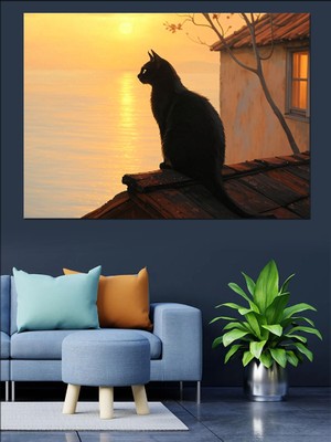 Günbatımında Çatı Kedisi Dekoratif Kanvas - Mdf Ahşap Tablo
