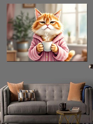 Çay Tutan Kedi Dekoratif Kanvas - Mdf Ahşap Tablo