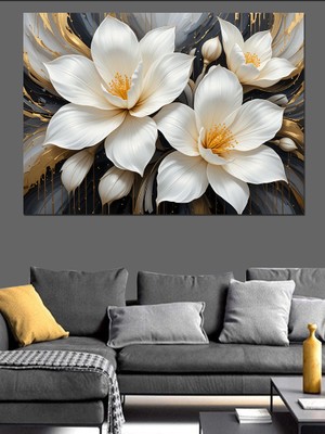 Beyaz Parlak Çiçekler Dekoratif Kanvas - Mdf Ahşap Tablo