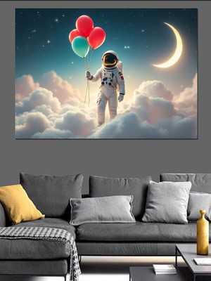 Balonlu Uzay Astronotu Dekoratif Kanvas - Mdf Ahşap Tablo