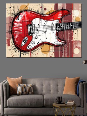 Kırmızı Elektro Gitar Dekoratif Kanvas - Mdf Ahşap Tablo
