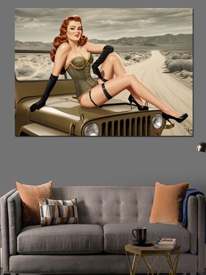 Retro Jeep Güzeli Dekoratif Kanvas - Mdf Ahşap Tablo