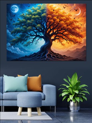 Iki Renkli Büyülü Ağaç Dekoratif Kanvas - Mdf Ahşap Tablo