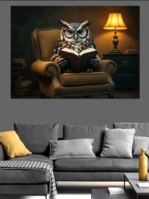 Kitap Okuyan Baykuş Dekoratif Kanvas - Mdf Ahşap Tablo