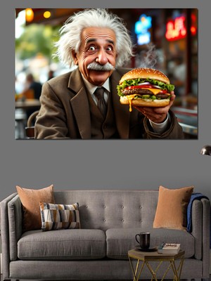 Hamburger Tutan Einstein Dekoratif Kanvas - Mdf Ahşap Tablo