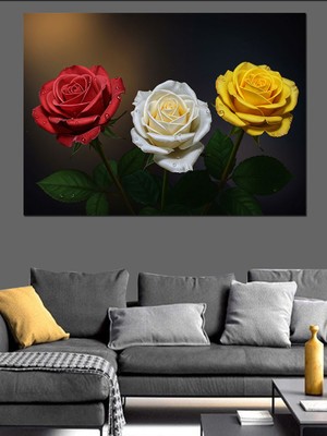 Üç Renkli Gül Buketi Dekoratif Kanvas - Mdf Ahşap Tablo