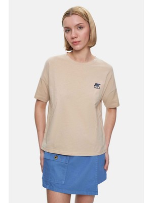 Ucla KENZIE Açık Kahve Bisiklet Yaka Simli Baskılı %100 Pamuk Loose Fit Kadın Tshirt