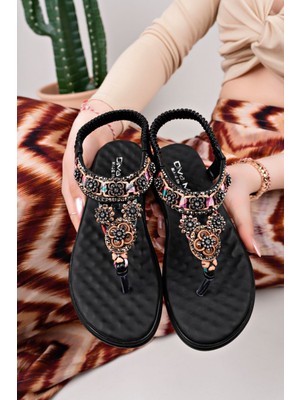 Günlük Kadın Parmak Arası Sandalet Düşmez Taşlı Lastikli Esnek Bant Fuspet Rahat Düz Topuk Taban 09