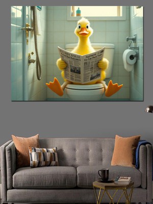 Tuvalette Ördek Okuyor Dekoratif Kanvas - Mdf Ahşap Tablo