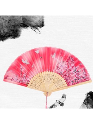 Beluga Yelpaze Bambu Vintage Pembe Kelebekli Çiçekli Şık Püsküllü Japon Yelpaze 0266