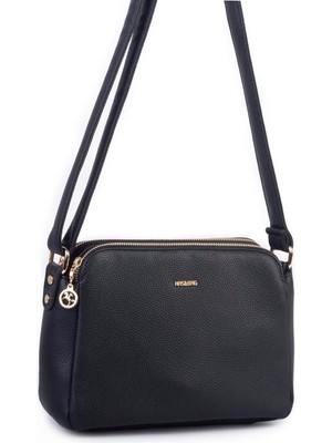 Nas Bag Kadın Çapraz Yumuşak Deri Çıtçıtlı Üç Bölmeli Çanta Siyah Lopez