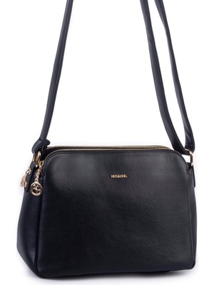 Nas Bag Kadın Çapraz Yumuşak Deri Çıtçıtlı Üç Bölmeli Çanta Siyah Victoria