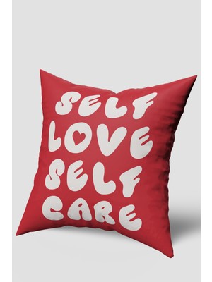Kırmızı Self Love Self Care Yazılı Kırlent Kılıfı
