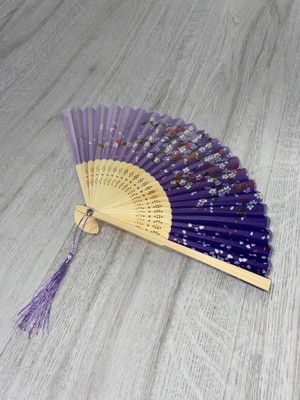 Beluga Yelpaze Bambu Vintage Mor Çiçekli Şık Püsküllü Japon Yelpaze 0341