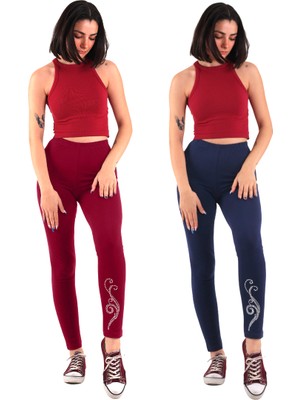 Asn Concept Kadın Lacivert/bordo Taş Baskılı 2'li Paket Tayt (Büyük Beden Seçeneğiyle)