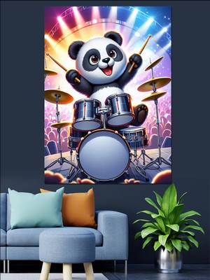 Bateri Çalan Panda Dekoratif Kanvas - Mdf Ahşap Tablo