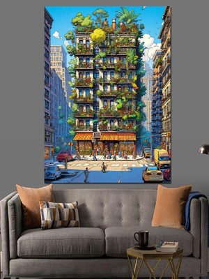 Yeşil Bina Dekoratif Kanvas - Mdf Ahşap Tablo