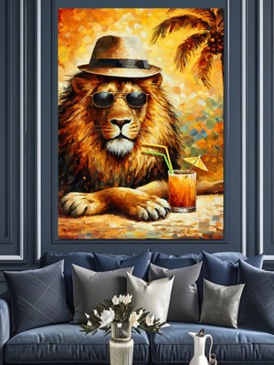Kokteyl Içen Aslan Dekoratif Kanvas - Mdf Ahşap Tablo