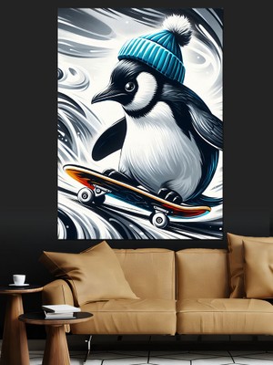 Kaykaycı Penguen Dekoratif Kanvas - Mdf Ahşap Tablo