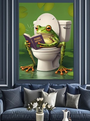 Tuvalette Kurbağa Dekoratif Kanvas - Mdf Ahşap Tablo