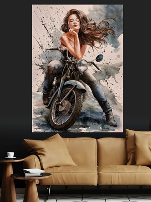 Motorcu Kız Dekoratif Kanvas - Mdf Ahşap Tablo