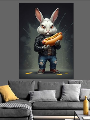 Hotdog Yiyen Tavşan Dekoratif Kanvas - Mdf Ahşap Tablo